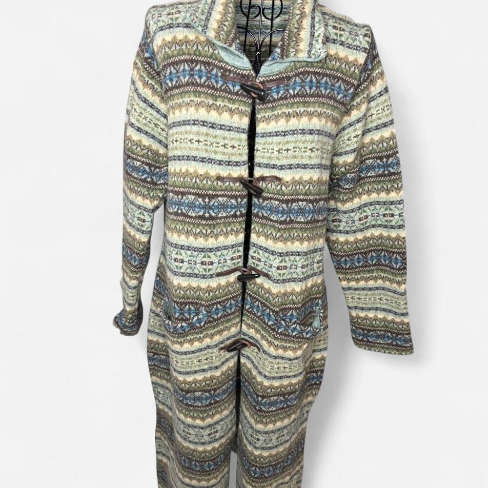 Talbots Fair Isle Toggle Coatigan Full Length Long Sweater Jacket Large Green
